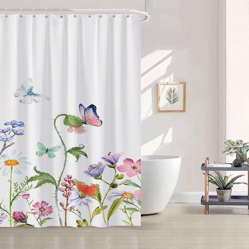 AWERT Butterfly Wildflowers Small Half Size Stall Shower Curtain with Hooks Shower Stall Curtain for Bathroom/RV and Camper 48 x 72 - Image 2